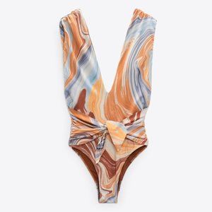 ZARA Women's SWIMSUIT One-Piece Marble V-Neck SMALL Tie Swimwear Summer Beachwea